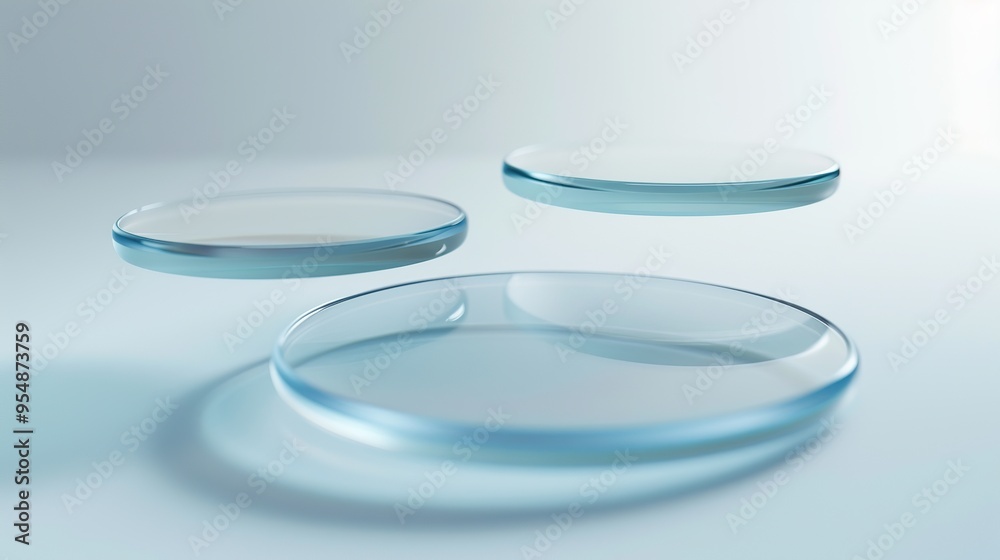 Transparent Glass Thin Podium. Cosmetics Product Presentation Show. Abstract Minimal Geometric Sphere. Fly Cylinder Forms, Soft Shadow. Plain Showcase Display Case Scene Stand. Trendy Light Blue Color