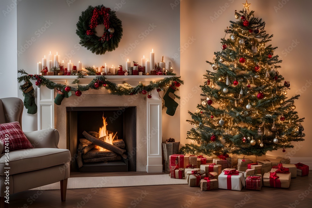 A traditional Christmas fireplace with stockings hanging a crackling fire, Ai Generated A traditional Christmas fireplace with stockings hanging a crackling fire, Ai Generated