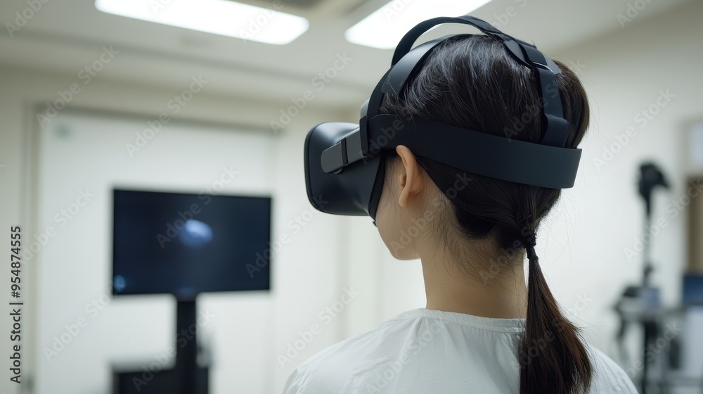 Woman Experiencing Virtual Reality in a Bright Room Woman Experiencing Virtual Reality in a Bright Room
