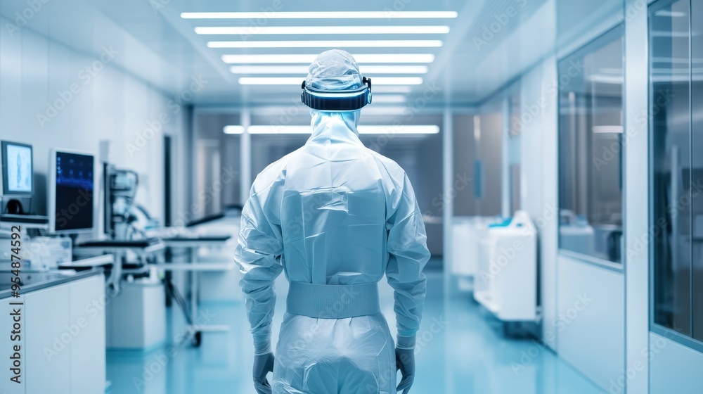 Fototapeta premium Medical Professional Walking Through a Sterile Hospital Corridor