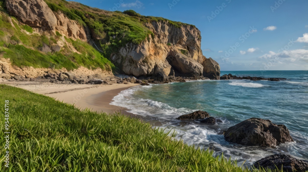 Fototapeta premium Exploration of Rocky Shores and Grassy Areas: A Hidden Paradise
