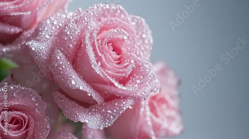 A close-up of a bouquet of pink roses with dew drops, highlighting their delicate petals and vibrant color against a clean, neutral background.