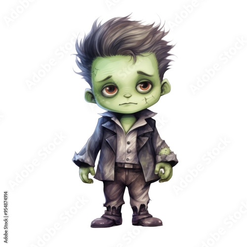 A Sad-Looking Green-Skinned Boy with Stitches and a Jacket