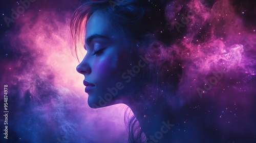 young woman face Silhouette against a vibrant colorful cosmic background with stars and galaxies, new beautiful stock image illustration AI