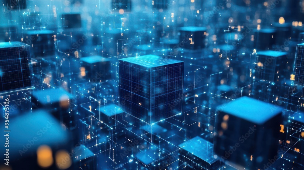 Abstract Futuristic Cityscape with Glowing Blue Cubes and Lines - Technology and Innovation Background.