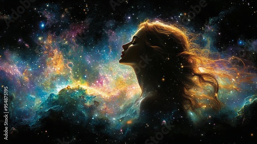 young woman face Silhouette  against a vibrant colorful cosmic background with stars and galaxies, new beautiful stock image illustration AI