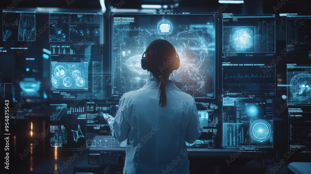 Futuristic Tech Scientist Exploring Virtual Holographic Data Futuristic Tech Scientist Exploring Virtual Holographic Data