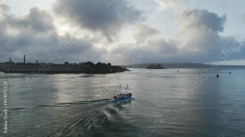 Wallpaper Mural Fishing boat at sunrise on River Tamar from a drone, Cremyll, Plymouth, Devon, England Torontodigital.ca