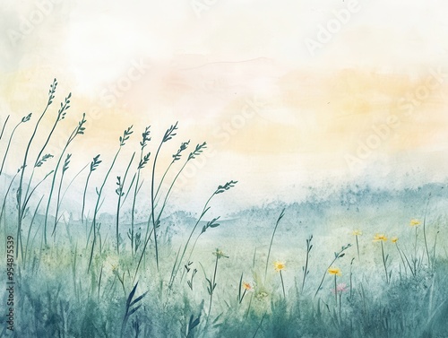 Watercolor Painting of a Field of Grass and Flowers with a Cloudy Sky Background.