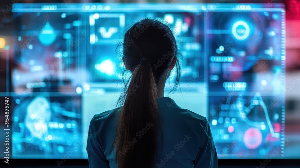 Futuristic Woman Exploring High-Tech Interface Futuristic Woman Exploring High-Tech Interface