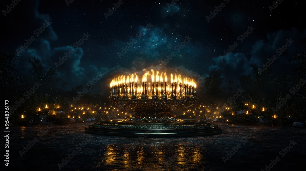 Fototapeta premium A large menorah illuminated with candles stands majestically under a starry night sky, surrounded by soft glowing lights in a tranquil, natural setting.