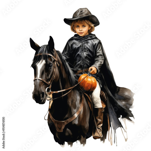 Young Girl in Black Riding a Horse with a Pumpkin