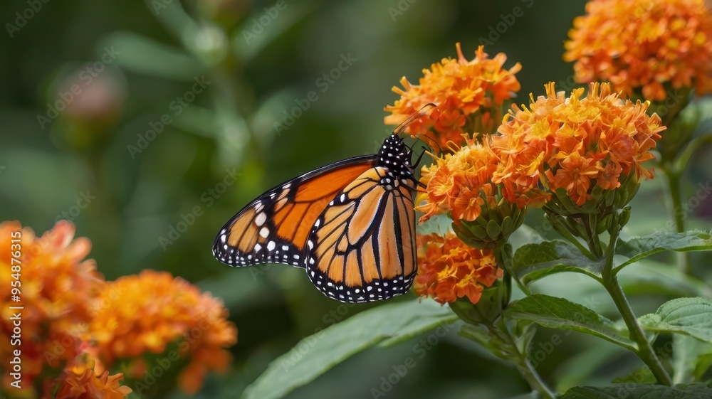 Fototapeta premium Side view Monarch butterfly on vibrant orange flower