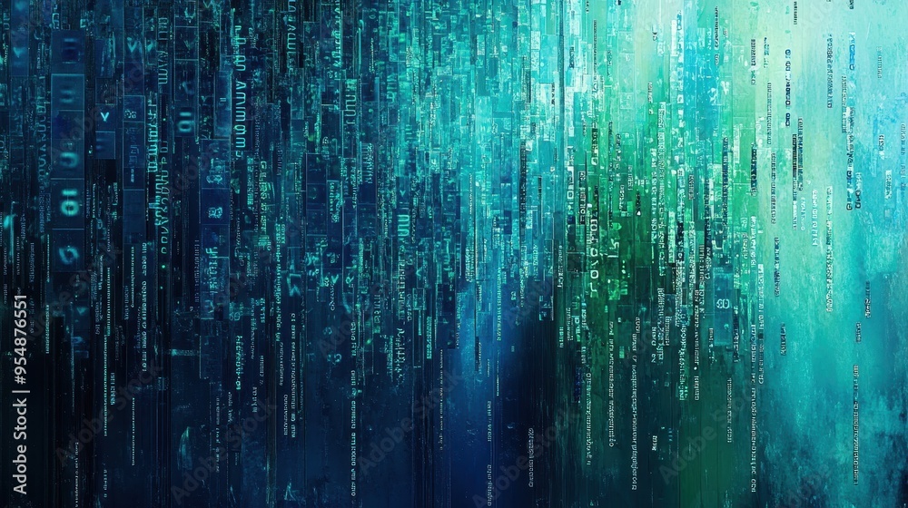 Abstract Digital Glitch Art Background with Cyan and Teal Color Palette.