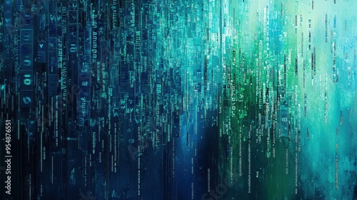 Abstract Digital Glitch Art Background with Cyan and Teal Color Palette.