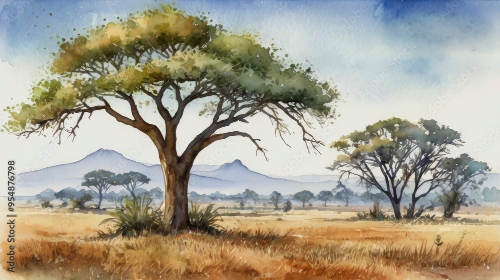 Obraz premium Simple watercolor illustration of savanna landscape