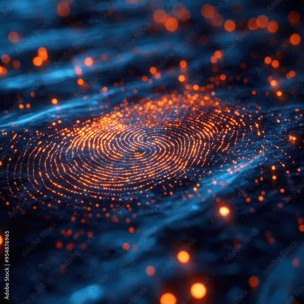 Abstract Fingerprint Pattern with Glowing Orange Lights on Blue Background. Abstract Fingerprint Pattern with Glowing Orange Lights on Blue Background.
