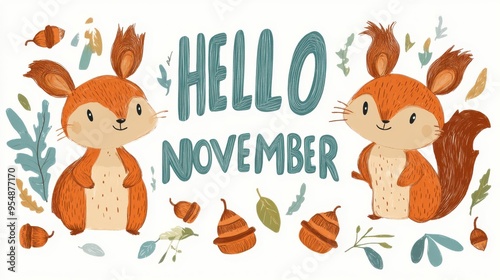 "HELLO NOVEMBER" in playful, handwritten style with doodles of acorns and squirrels