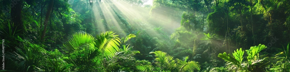 Obraz premium Panorama banner background of a tropical forest landscape, perfect for environmental ecology, sustainable energy, or Earth Day themes. Wild wood scenic view for spa and tourism wallpaper.