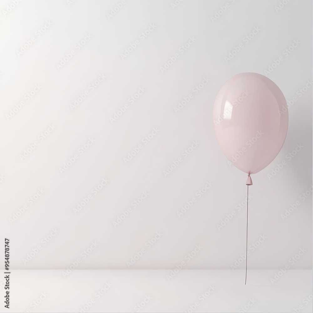 Single Pink Balloon Floating Against White Wall Minimalist Background. Single Pink Balloon Floating Against White Wall Minimalist Background.