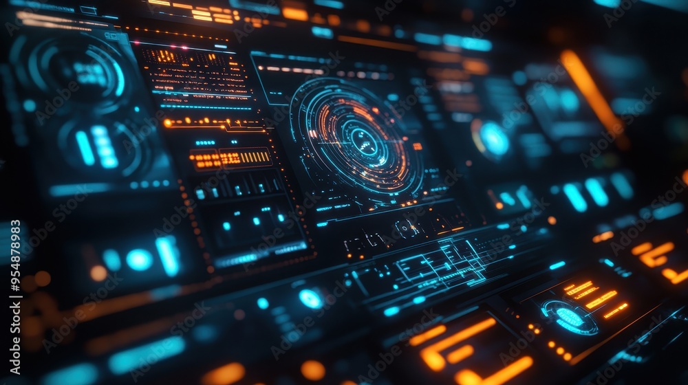 Fototapeta premium Futuristic HUD Interface with Glowing Blue and Orange Lights - Technology Background