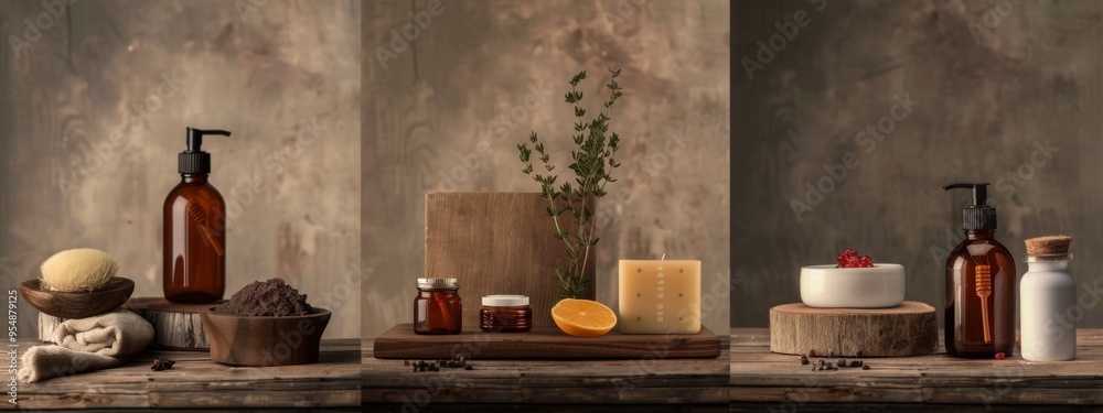 Natural beauty products displayed on a rustic wooden table.