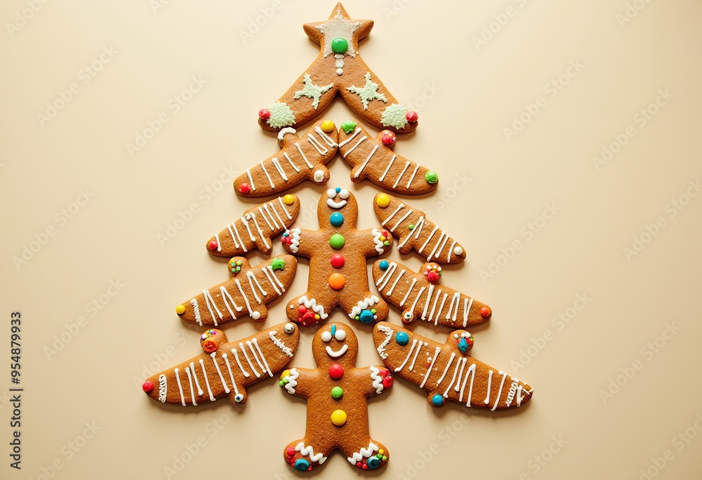 Fototapeta Festive Gingerbread Christmas Tree Cookies with Colorful Icing Decorations - Perfect for Holiday Baking and Decorating