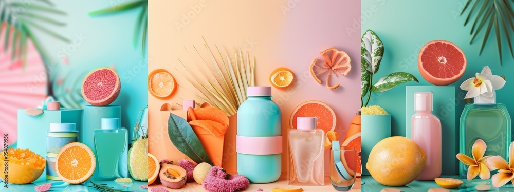 Obraz premium Tropical-inspired beauty product display with fresh citrus and green foliage.