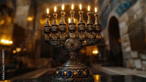 A beautifully detailed antique menorah with all candles lit, set against the ornate interior of a historic temple or synagogue. photo