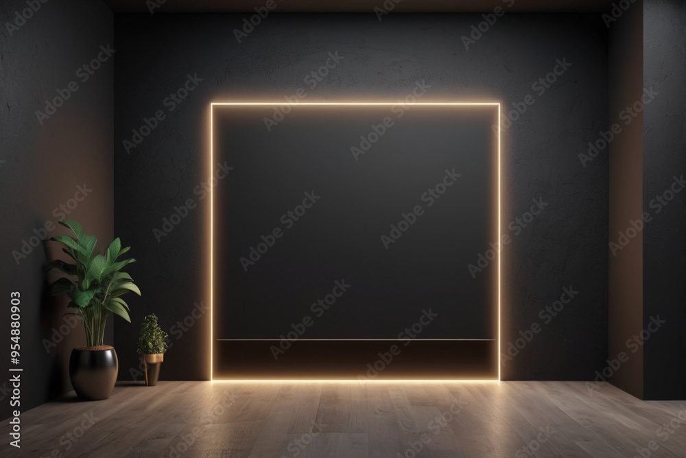 Empty black Poster mockup on the black wall with backlight, AI Generated Empty black Poster mockup on the black wall with backlight, AI Generated