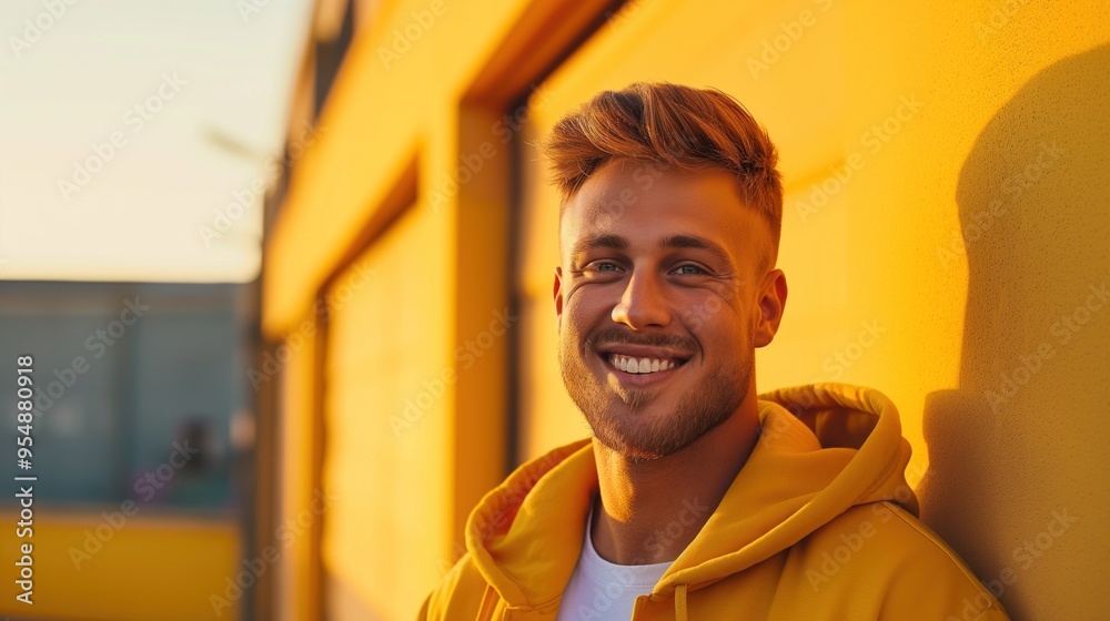 A young man wearing a yellow hoodie stands confidently with a cheerful smile, illuminated by the warm glow of the sunset against colorful urban walls A young man wearing a yellow hoodie stands confidently with a cheerful smile, illuminated by the warm glow of the sunset against colorful urban walls