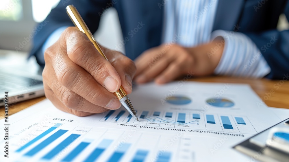 In a well-lit office, a business professional focuses on financial reports, using a pen to highlight data on charts and graphs while a laptop is nearby, indicating active analysis In a well-lit office, a business professional focuses on financial reports, using a pen to highlight data on charts and graphs while a laptop is nearby, indicating active analysis