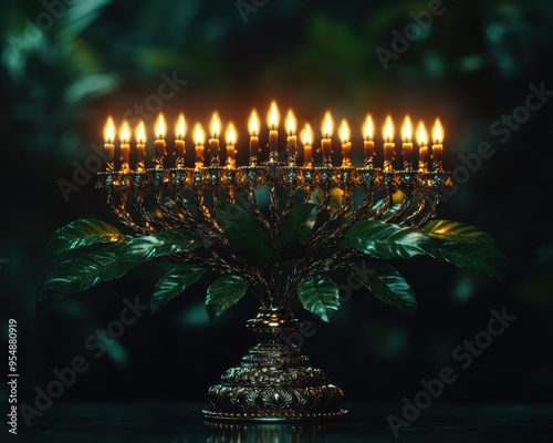 Amidst lush green leaves, a beautifully crafted menorah with all its candles lit creates a serene and sacred atmosphere. photo