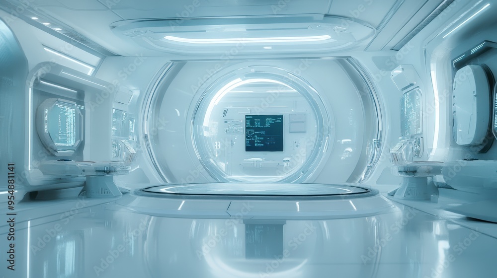 Fototapeta premium Futuristic Sci-Fi Interior with Curved Walls and Lighting