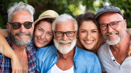 A cheerful gathering of five friends poses together outdoors, showcasing joyful expressions and a sense of camaraderie against a backdrop of greenery in summer sunshine