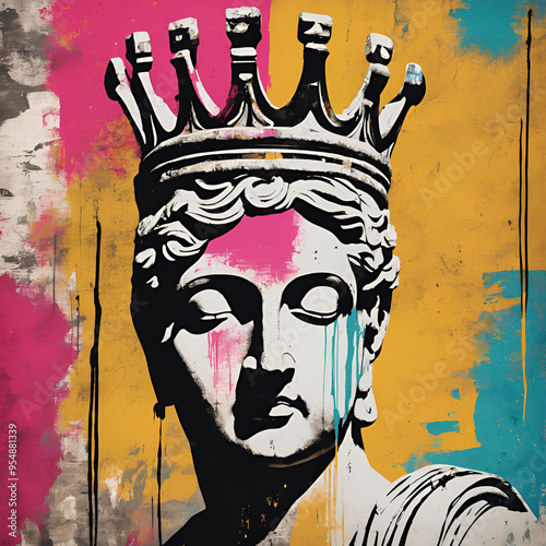 Art Concept, Street Art Graffiti Crown on Ancient Greek Statue Head - Contemporary Art Concept, Grunge Pop Art Poster, Interior Painting, Print Design, Modern Abstract Art.