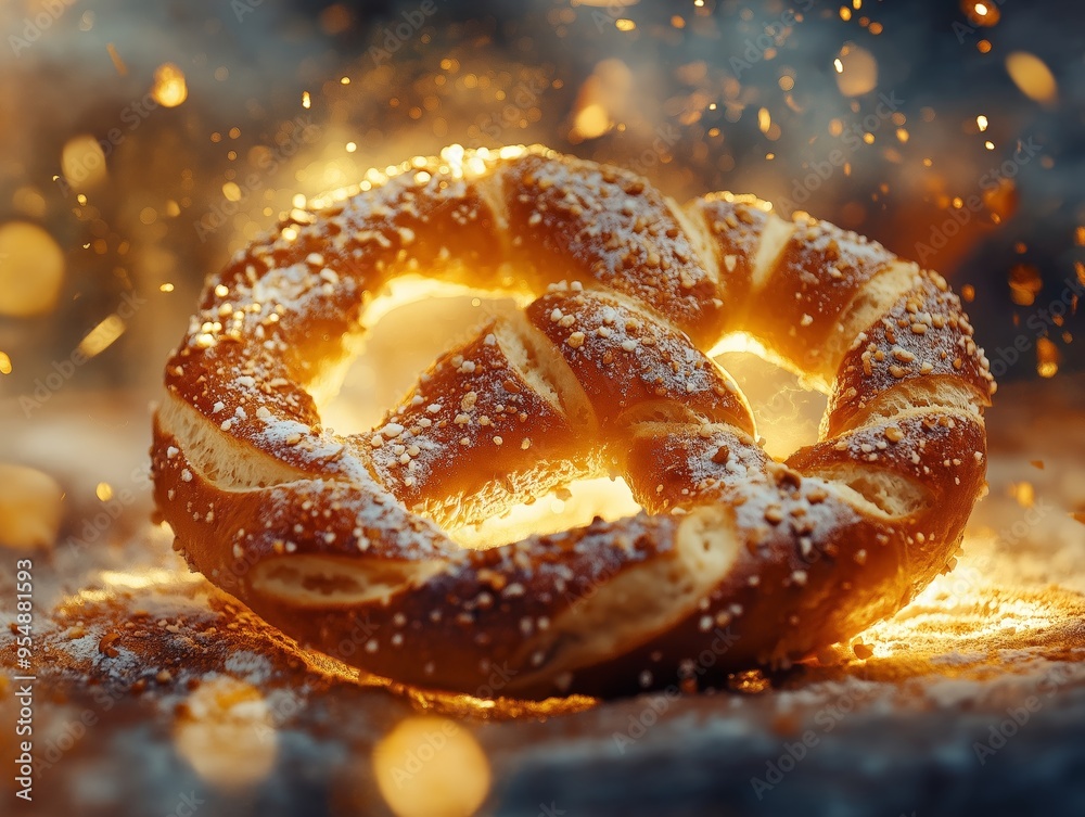 Close-up of a freshly baked pretzel, golden and sprinkled with coarse salt Close-up of a freshly baked pretzel, golden and sprinkled with coarse salt