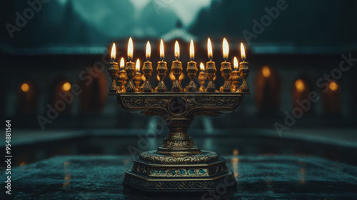 An intricately designed menorah with all candles lit, placed in an outdoor courtyard at dusk, creating a warm and spiritual ambiance. photo