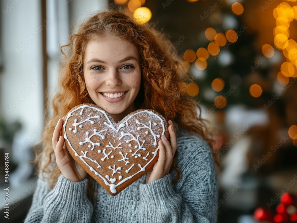 Woman holding a large gingerbread heart with a sweet message, smiling and enjoying the treat, festive mood Woman holding a large gingerbread heart with a sweet message, smiling and enjoying the treat, festive mood