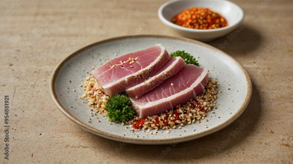 Elegance on a Plate: Thinly Sliced Tuna with Sesame Seeds Elegance on a Plate: Thinly Sliced Tuna with Sesame Seeds