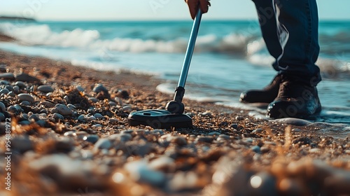 Close up view of a person s hand holding a metal detector and examining the signal it is picking up while standing on the sandy beach photo