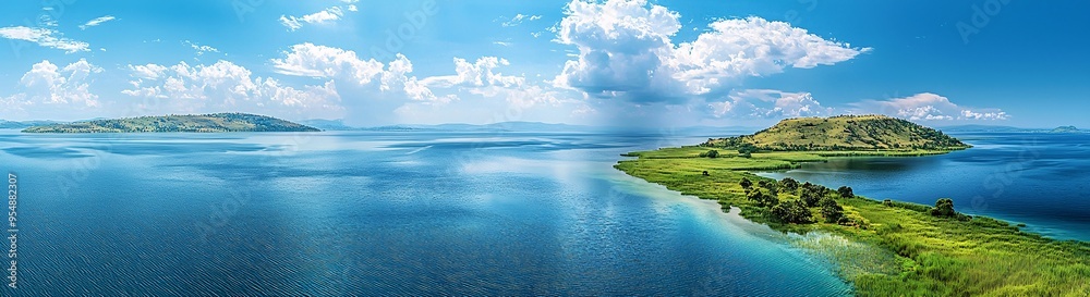 Aerial view of lush green island surrounded by crystal clear blue lake under bright sunny sky with scattered clouds
Aerial view of lush green island surrounded by crystal clear blue lake under bright sunny sky with scattered clouds