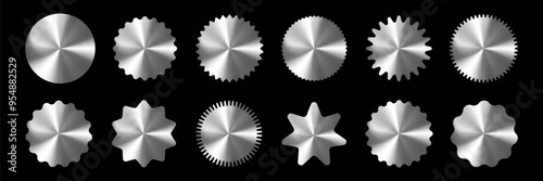 A set of shiny silver holographic circles with varying sizes and shapes. The circles are arranged in a row and appear to be metallic