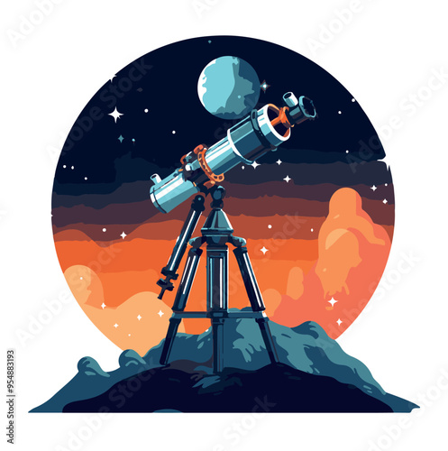 A telescope on a tripod stands on a rocky outcrop, pointed towards a large blue planet in the night sky.