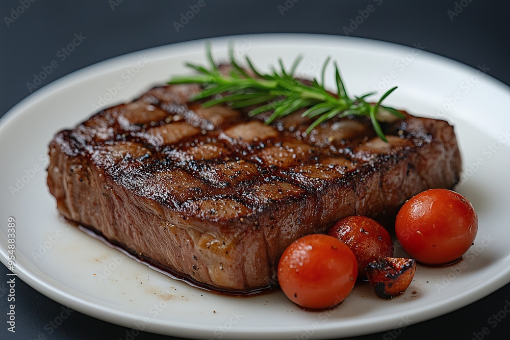 Grilled beef steak with rosemary and cherry tomatoes on white plate, closeup Grilled beef steak with rosemary and cherry tomatoes on white plate, closeup