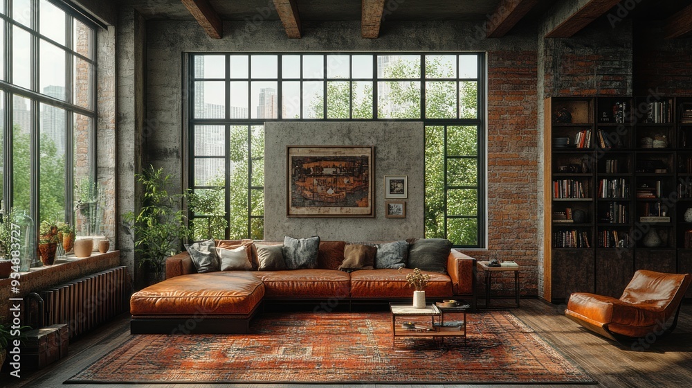 Fototapeta premium Cozy industrial living room with large windows and plants.