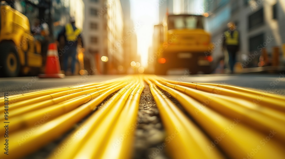 Close-Up of Yellow Pipes on a Construction Site at Sunset Close-Up of Yellow Pipes on a Construction Site at Sunset