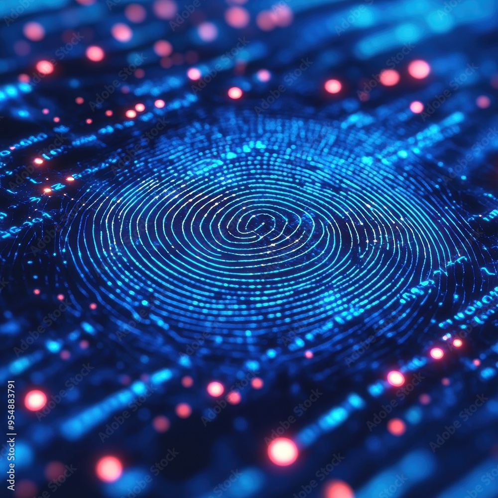 Abstract Fingerprint Pattern with Blue and Red Lights for Security, Technology, and Data Concepts. Abstract Fingerprint Pattern with Blue and Red Lights for Security, Technology, and Data Concepts.