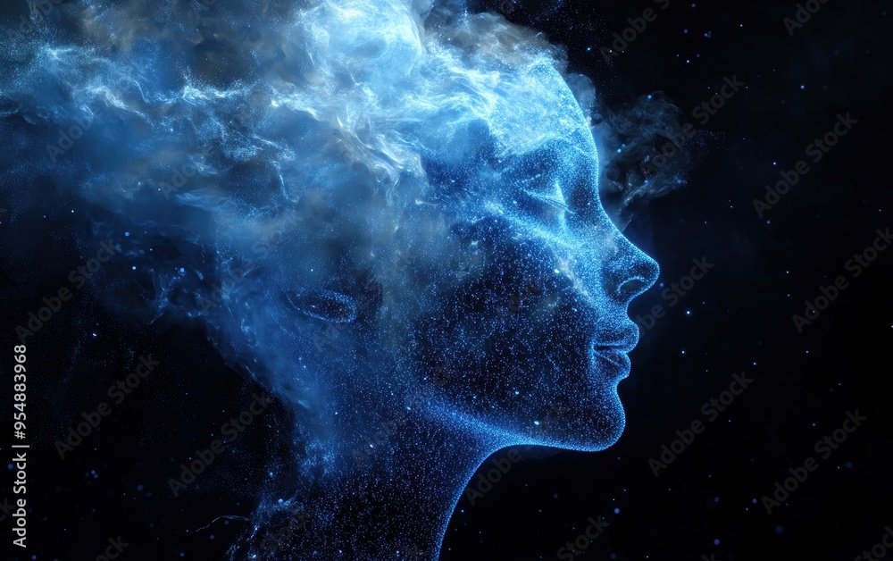 Abstract Digital Art of a Woman's Face Formed from Blue Particles and Glowing Light. Abstract Digital Art of a Woman's Face Formed from Blue Particles and Glowing Light.