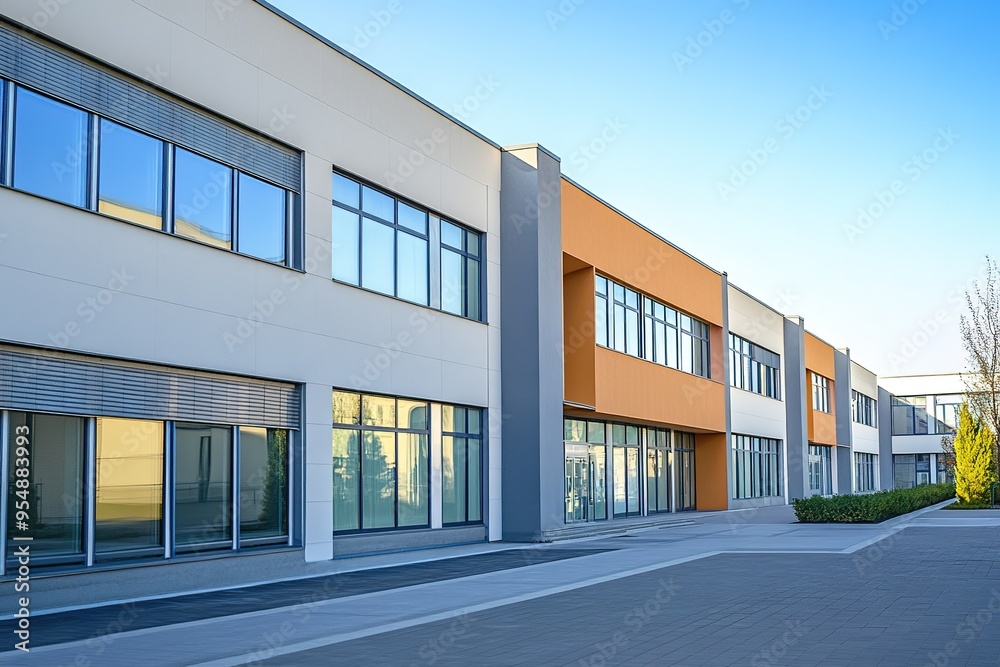Modern school building with large windows and colorful facade Modern school building with large windows and colorful facade